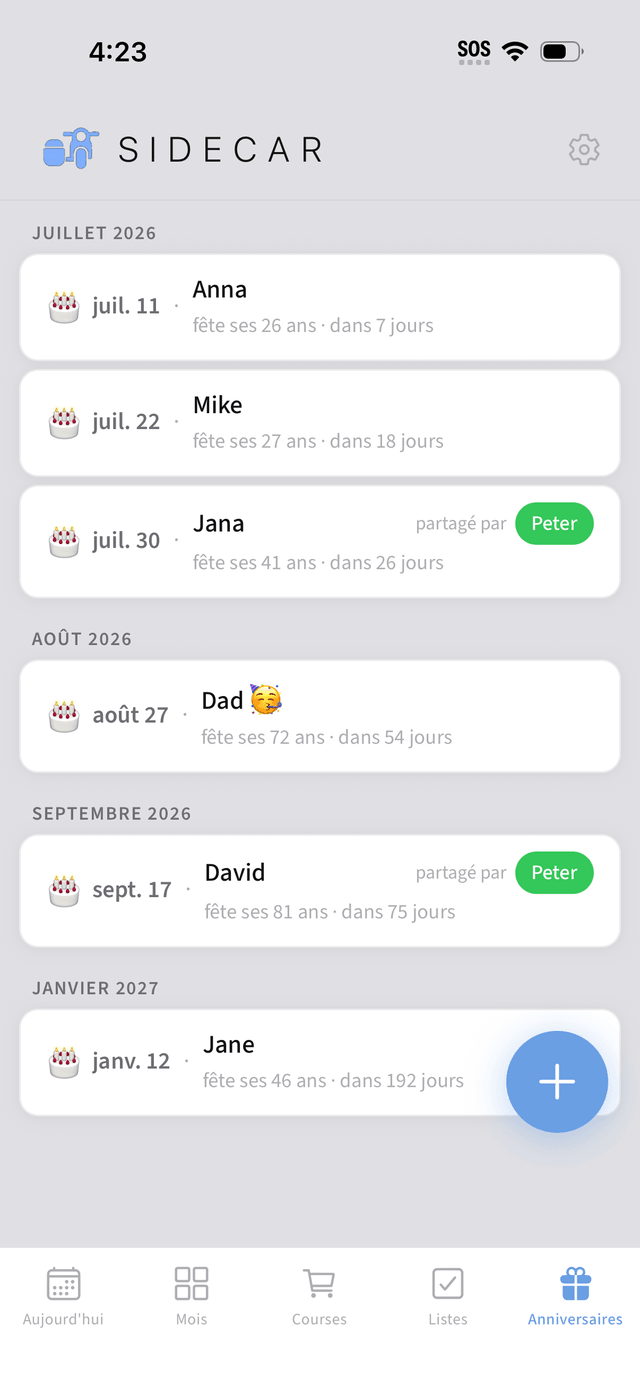 Liste des anniversaires avec âges et comptes à rebours